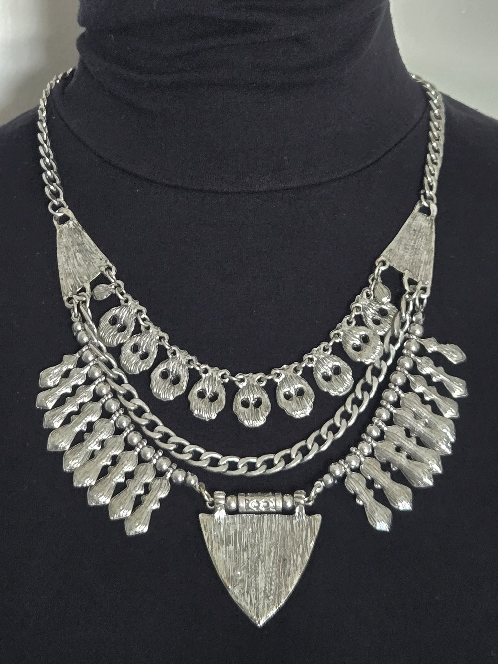 Y2K/2010 Boho Antiqued Silver Tribal Bib Statement Necklace Kuchi Fringe Layered - Picture 6 of 9